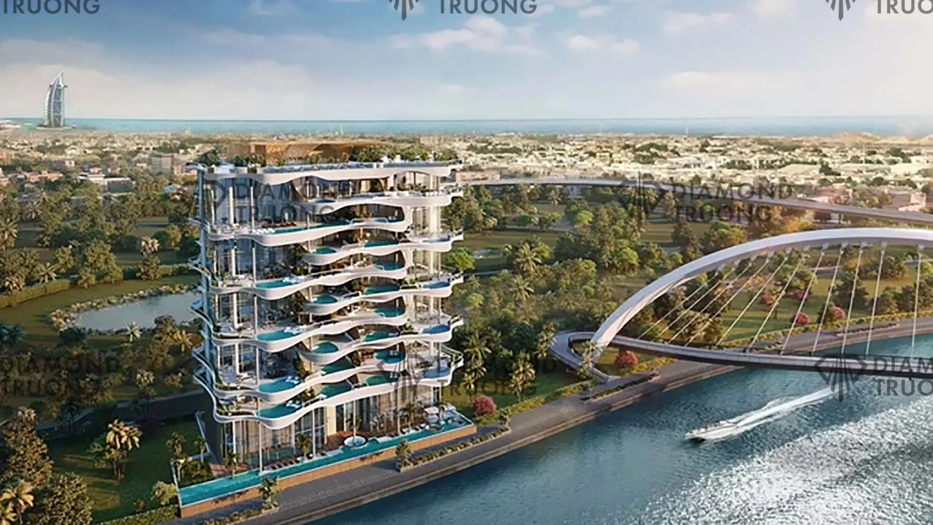 AHS's render of One Canal: a tower of curved balconies with private pools beside the canal and the arched Tolerance Bridge