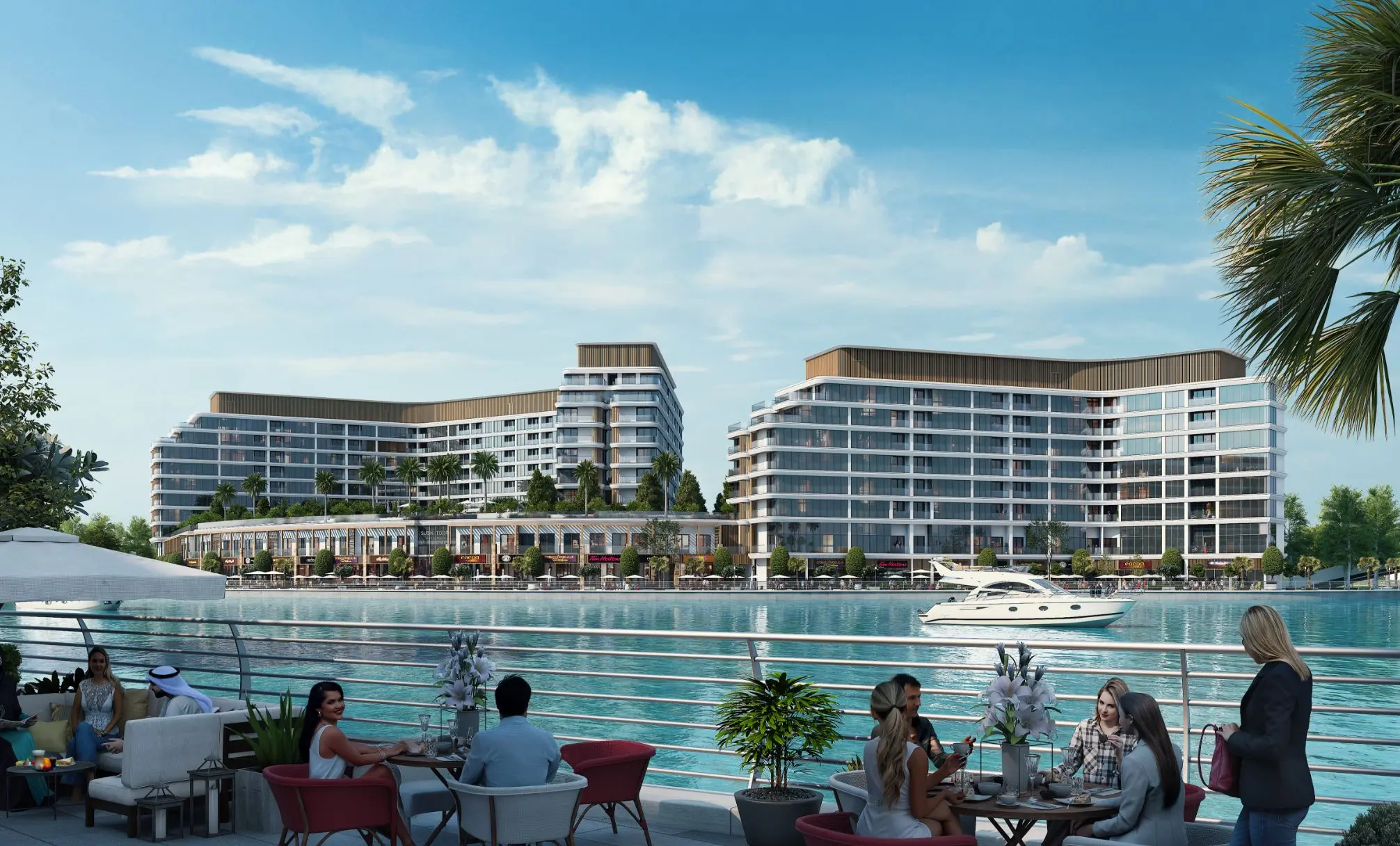Render from a café terrace on the far bank, looking across the canal at two apartment blocks above a row of shops