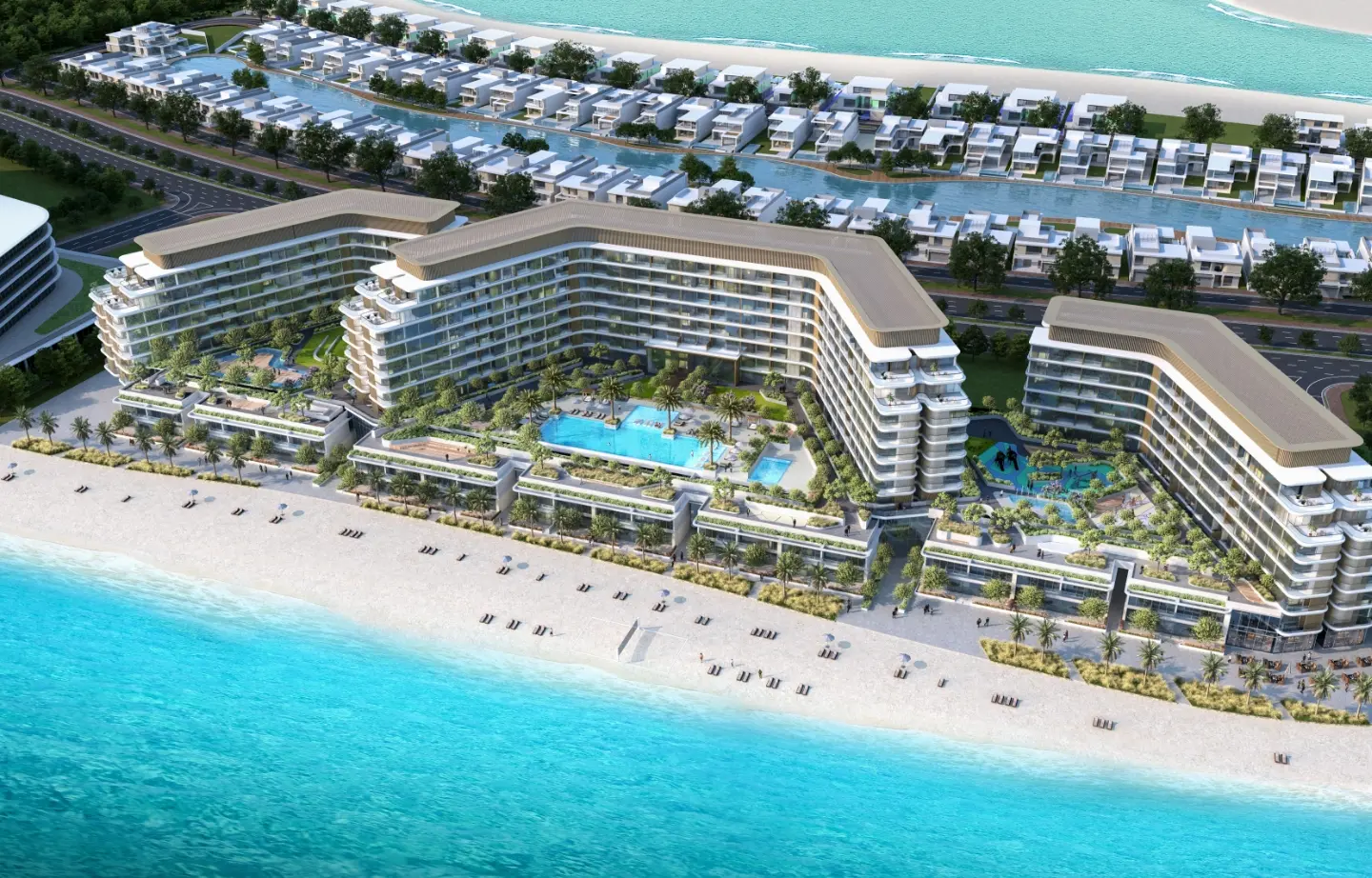 Sobha's aerial render of Sobha Siniya Island: three apartment wings around pool decks on the beach, with villas around a lagoon behind