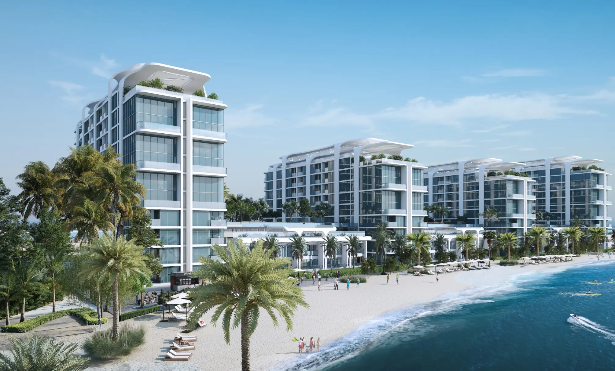 Render of white towers with curved rooftop canopies above a beach, with a low row of homes between them and a jet ski offshore