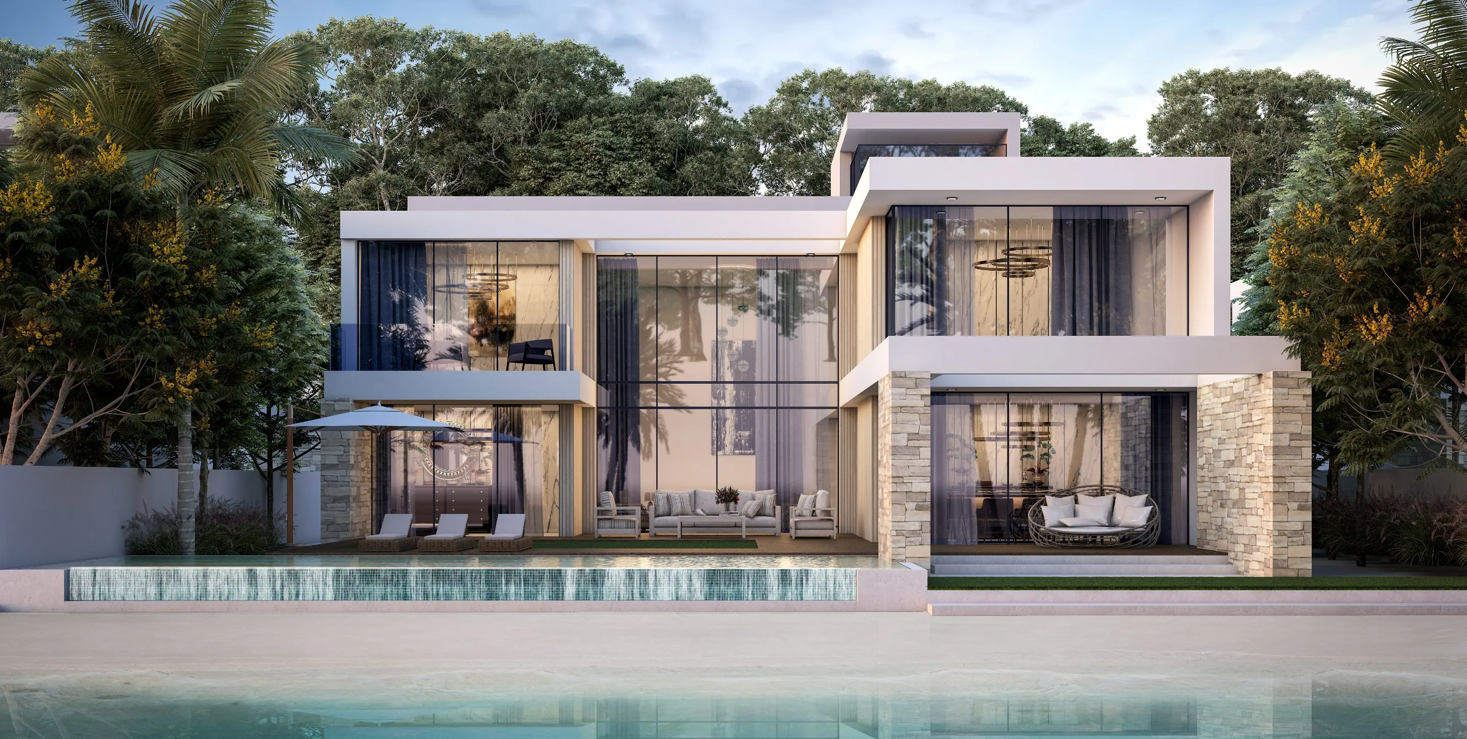 Render of a villa from the beach side, with double-height glazing, a stone-clad terrace and an infinity-edge pool above the sand