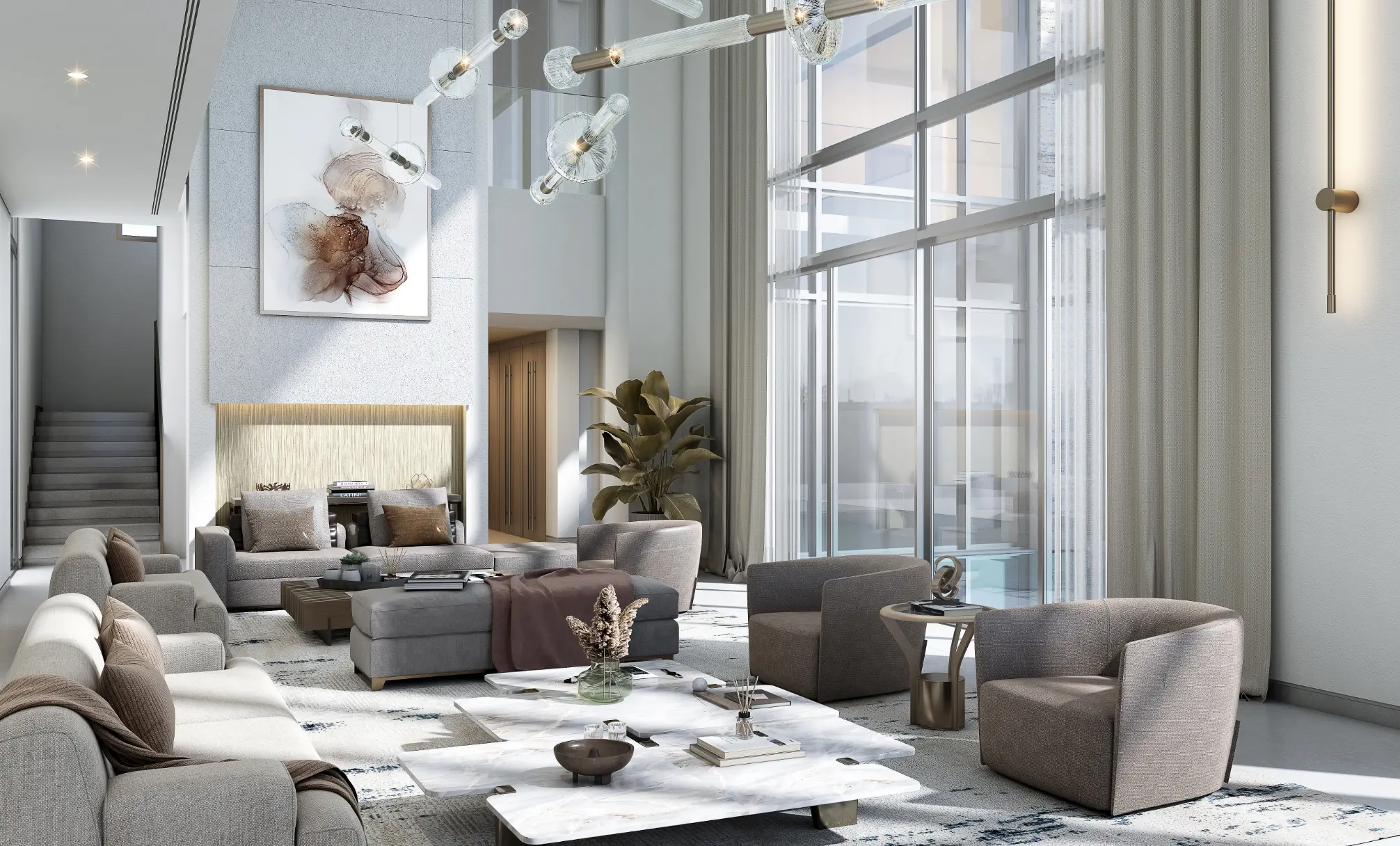 Render of a double-height living room with grey sofas, marble coffee tables, a glass-globe chandelier and full-height windows