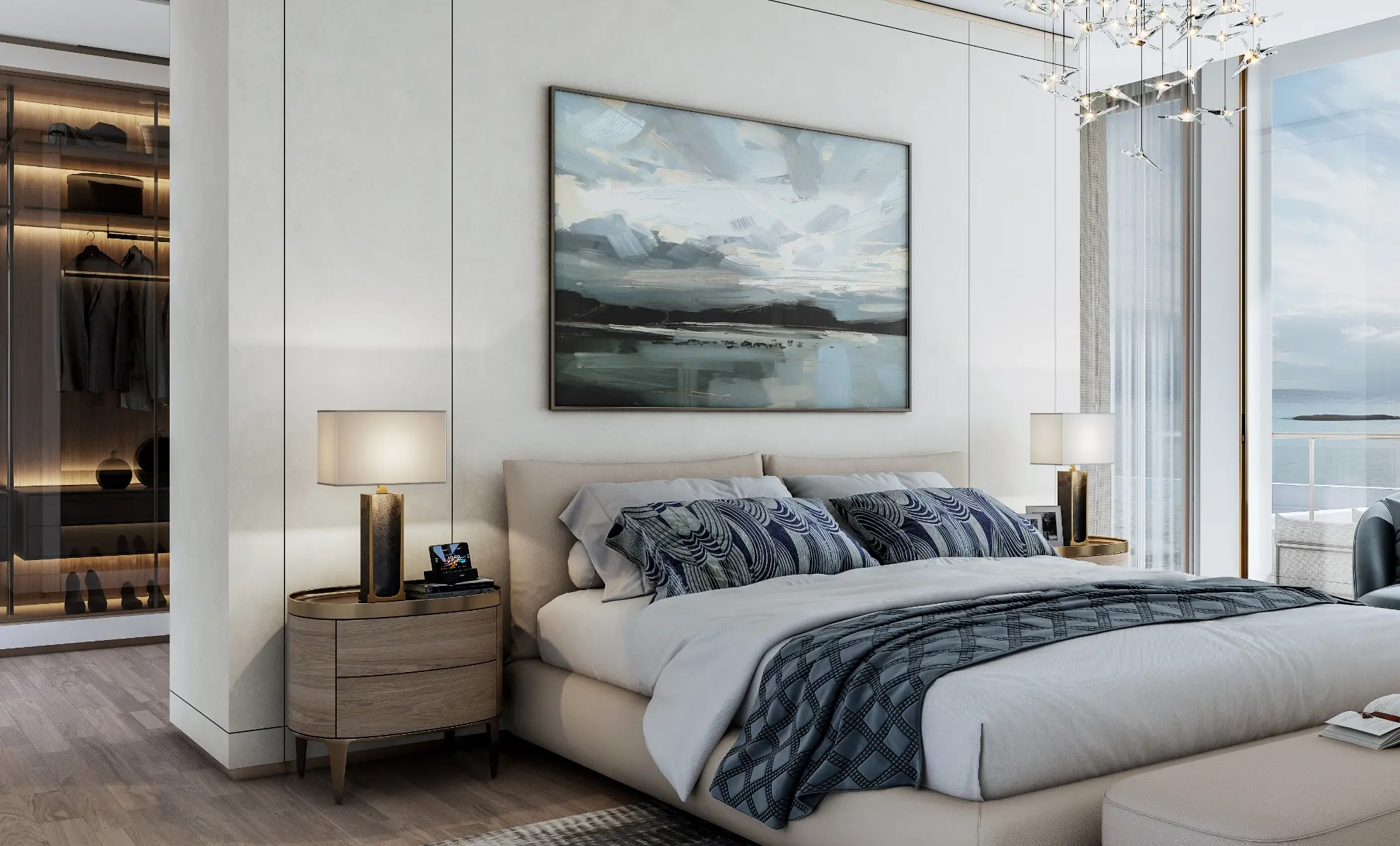 Render of a bedroom with an upholstered bed, a lit walk-in wardrobe and a full-height window looking out to sea