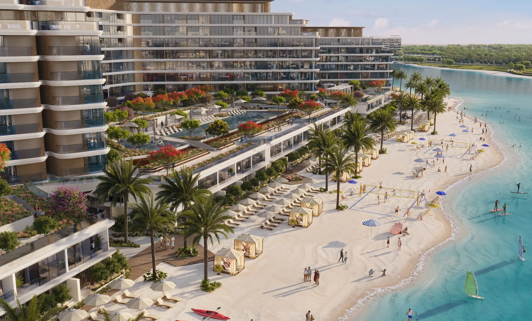 Render of a beach below terraced apartment blocks, with cabanas, volleyball nets, windsurfers and paddleboarders in shallow water