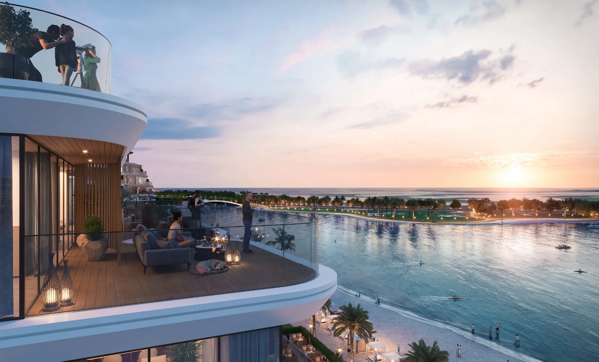 Render of residents on a curved balcony at sunset, looking over a lagoon beach and the water to the horizon