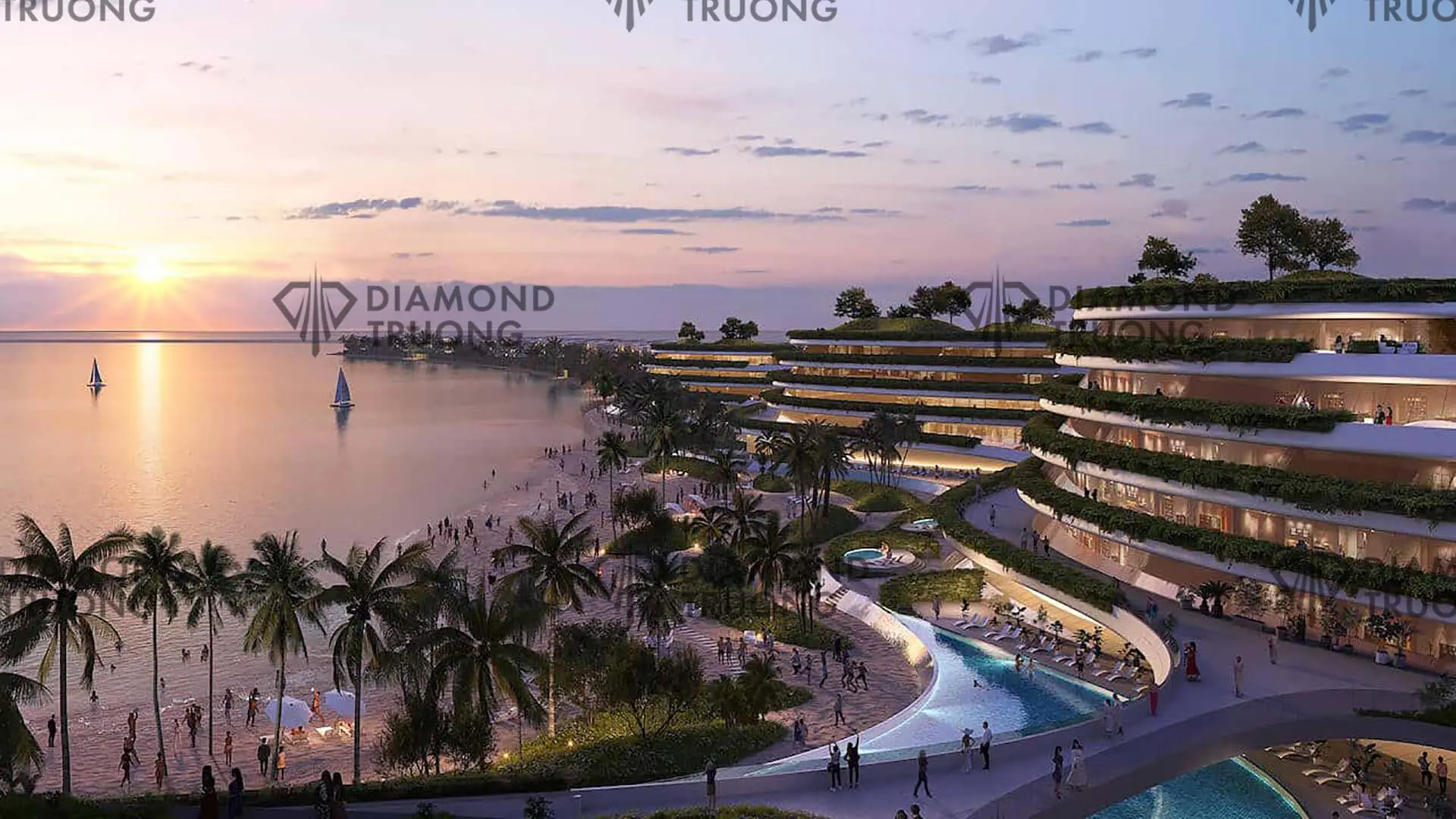 A render of terraced buildings with planted balconies curving along a beach, pools and palms below, at sunset