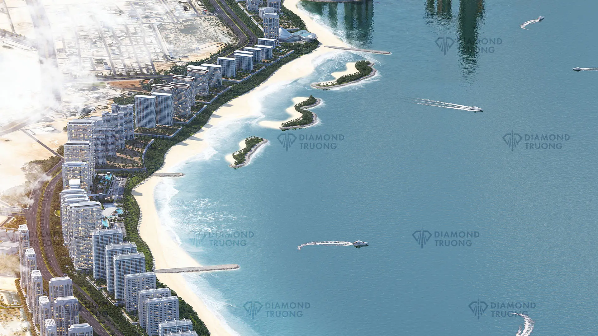 Sobha's aerial render of Downtown UAQ: rows of towers along a curving beach, with breakwaters and three small islands offshore