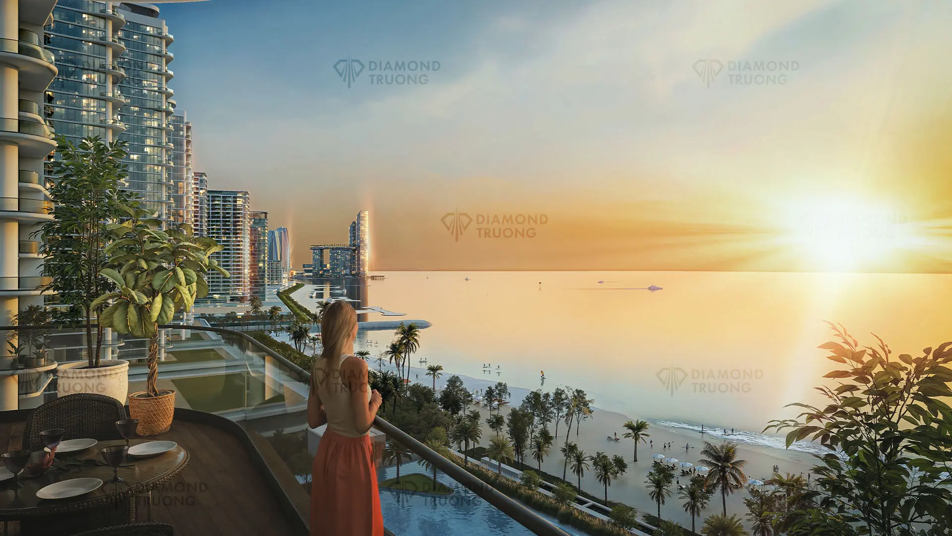 Sobha's render of a balcony at sunset: a woman looks over a palm-lined beach, with towers along the coast