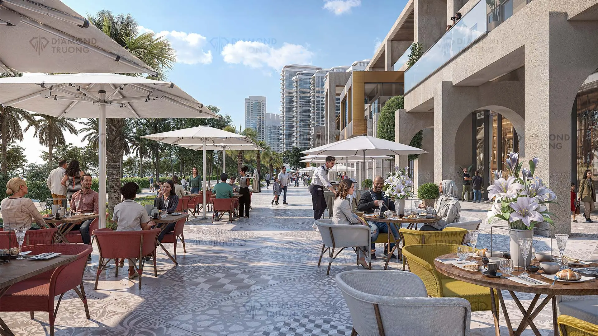 Sobha's render of a café terrace on a paved promenade, with shops under arches and apartment towers behind