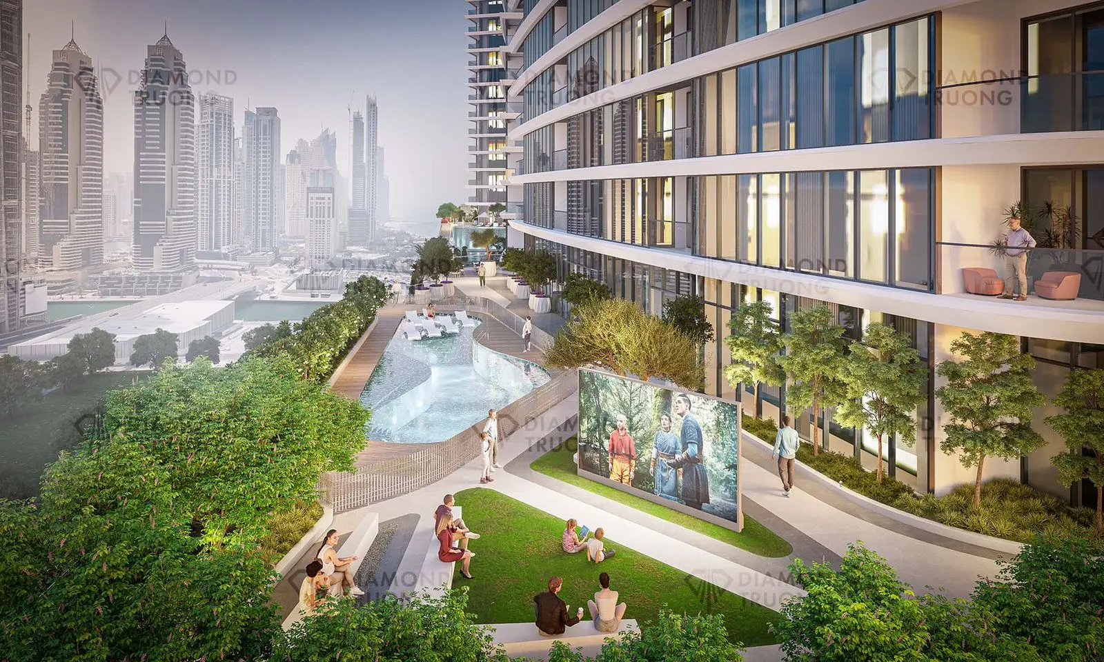 Sobha's render of the SeaHaven podium garden: an outdoor cinema screen on a lawn beside a pool, Dubai Marina's towers behind