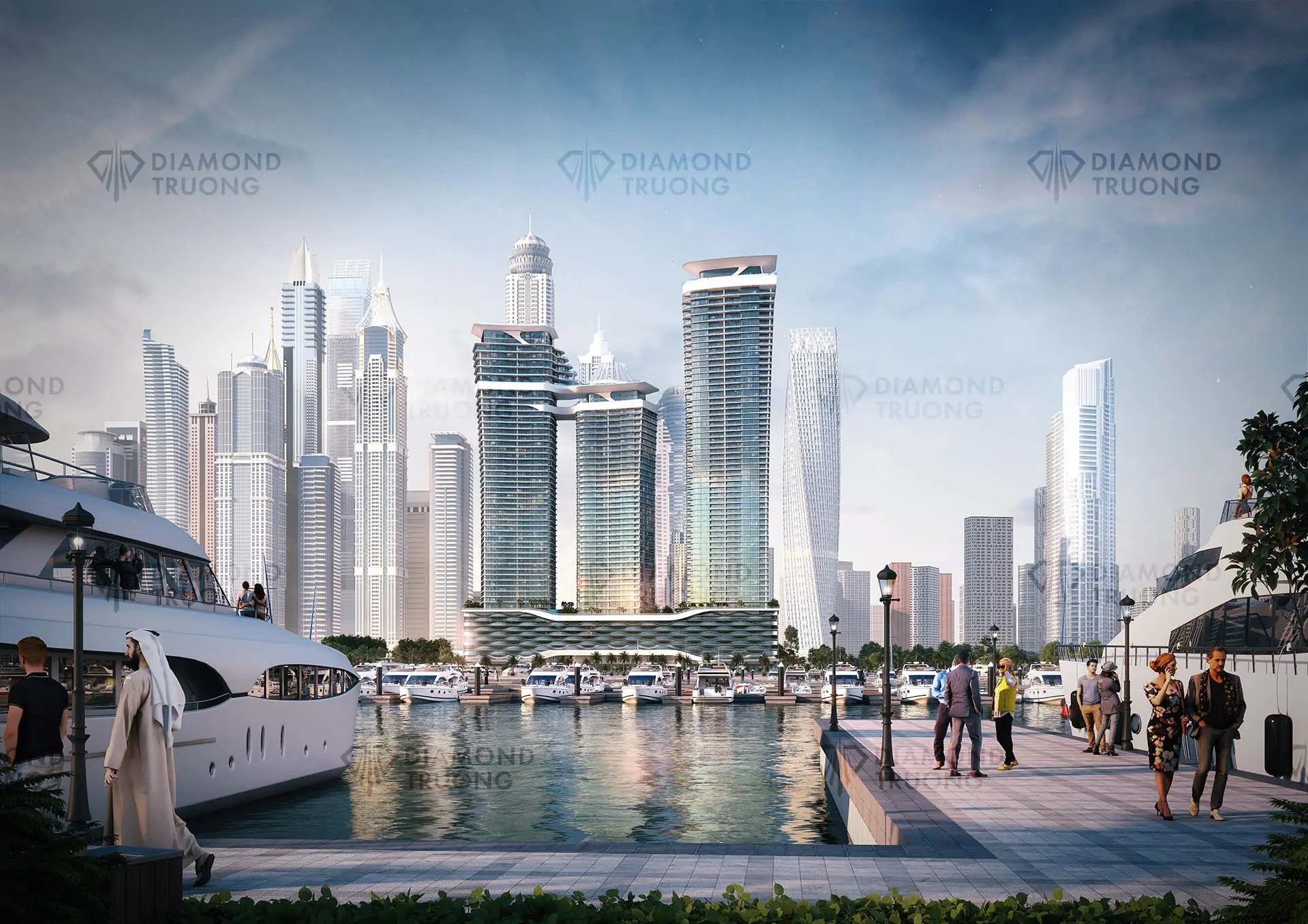 Sobha's render of the three SeaHaven towers behind a marina promenade with moored yachts, Dubai Marina's towers behind