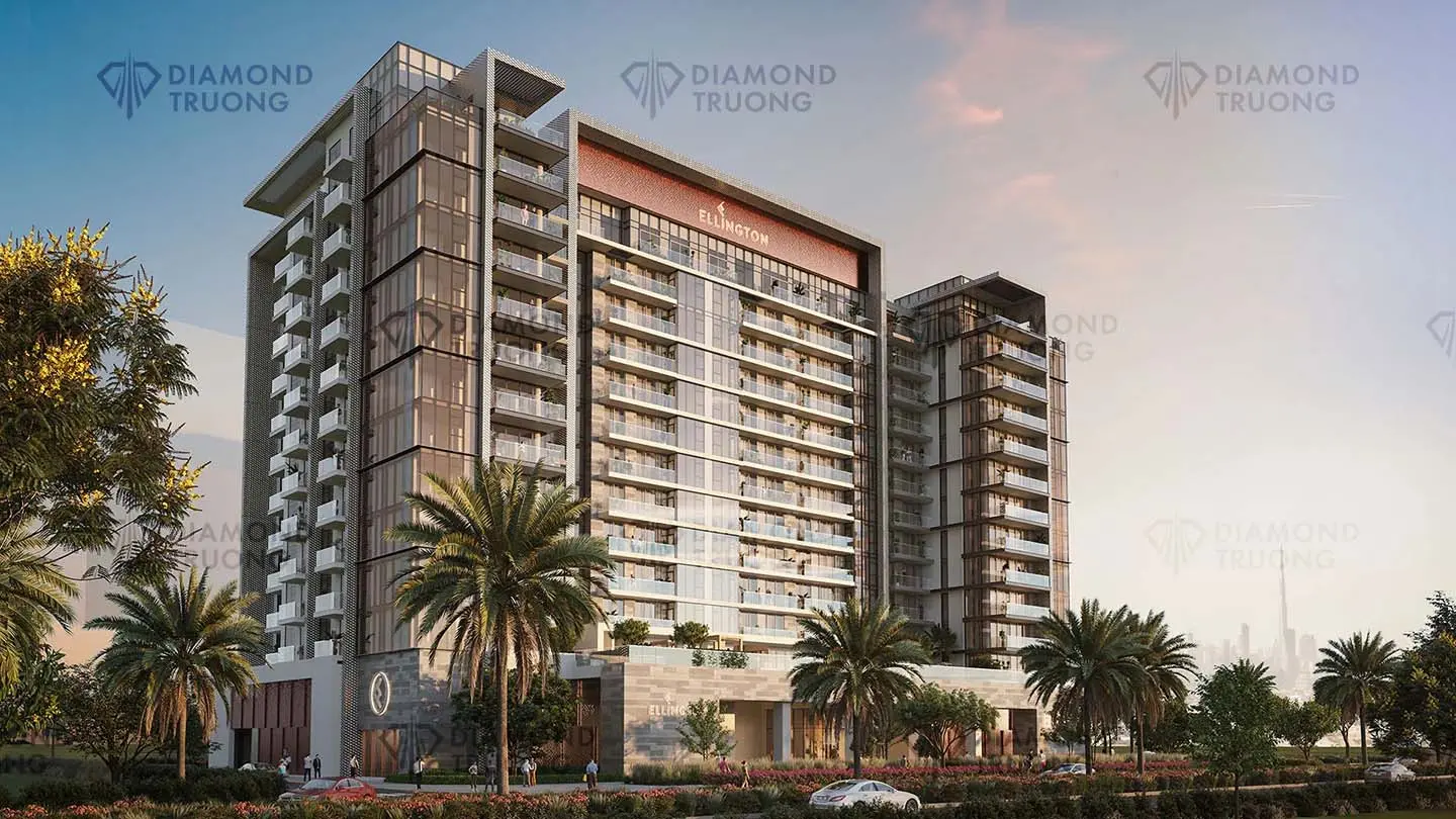 Ellington's render of Ellington House at sunset, with palms along the entrance road and the Burj Khalifa in the distance
