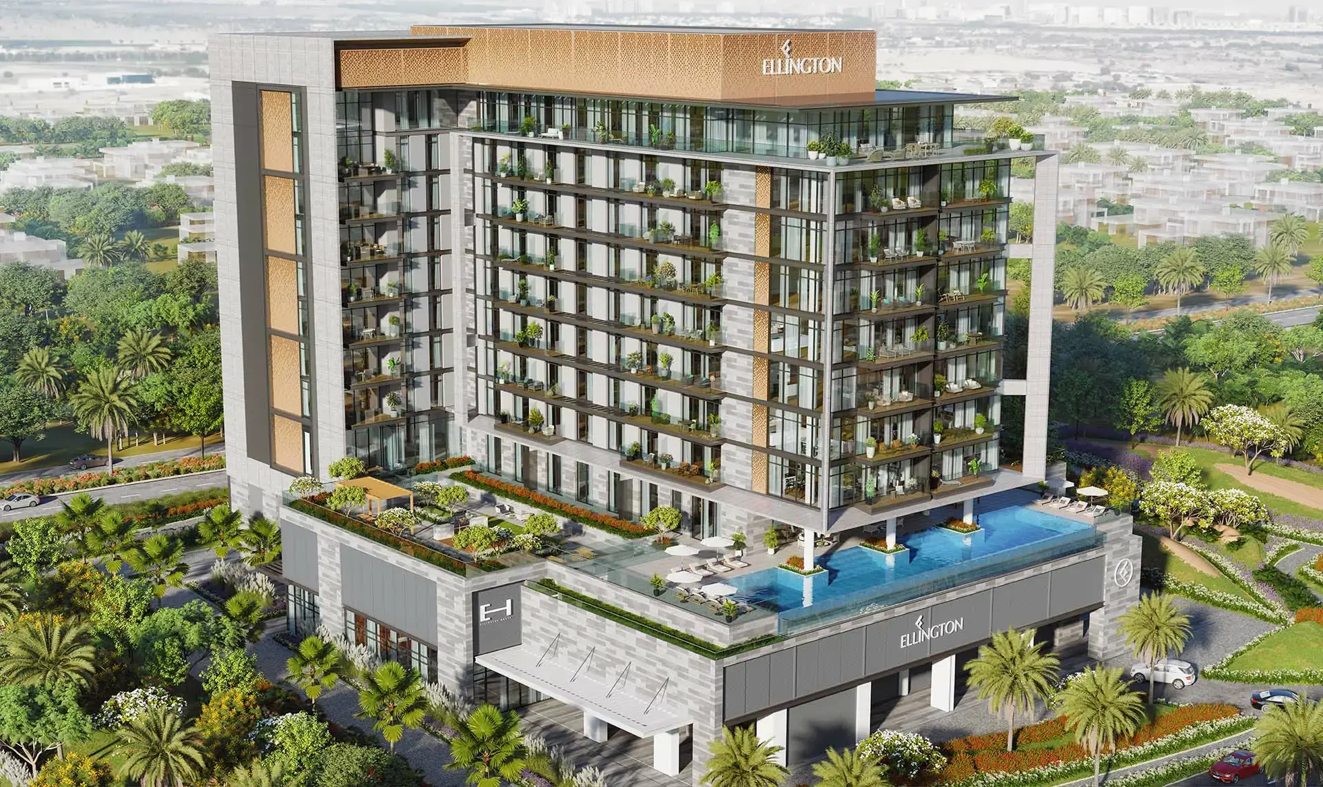 Ellington's render of Ellington House III in Dubai Hills Estate: a mid-rise block with an infinity pool on its podium, among trees and villas