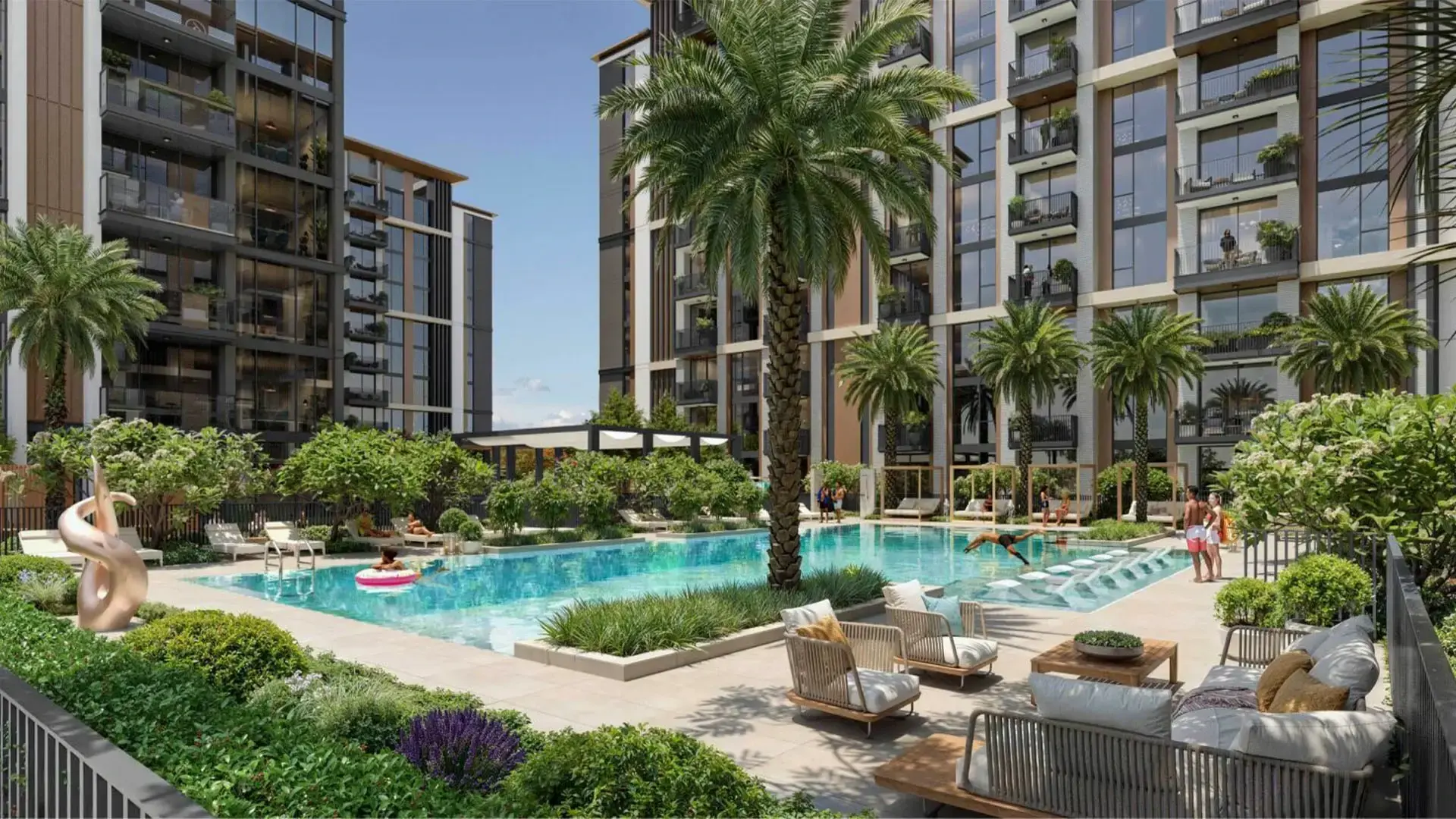 Ellington's render of Windsor House: the courtyard pool with a palm, loungers and cabanas between the apartment blocks