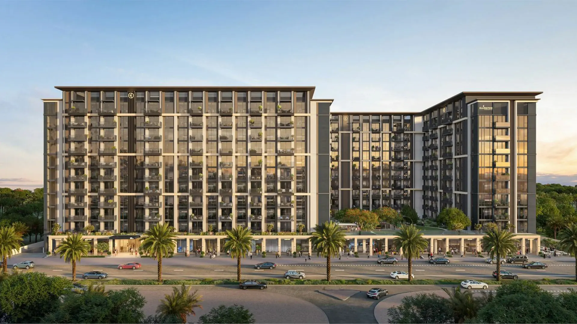 Ellington's render of Windsor House: two apartment blocks above a row of street-level shops, with palms along the road at sunset