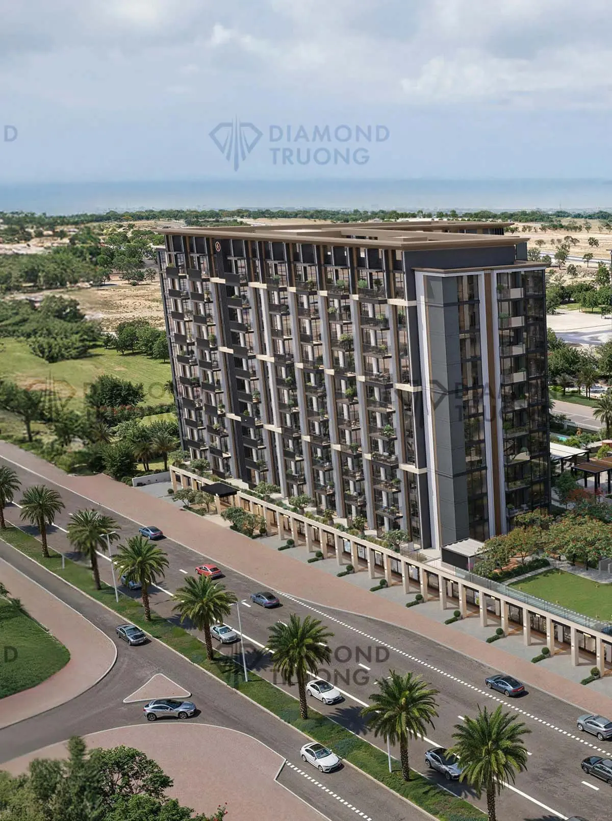 Ellington's render of Windsor House from above: an apartment block over a row of shops beside a palm-lined road, with open land behind