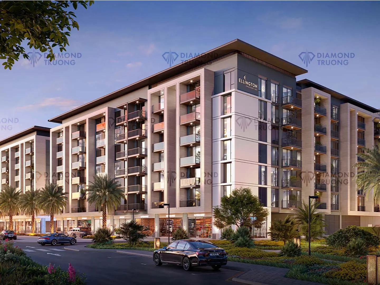 Ellington's render of Belgravia Gardens: an apartment block at dusk, with a supermarket and shops at street level