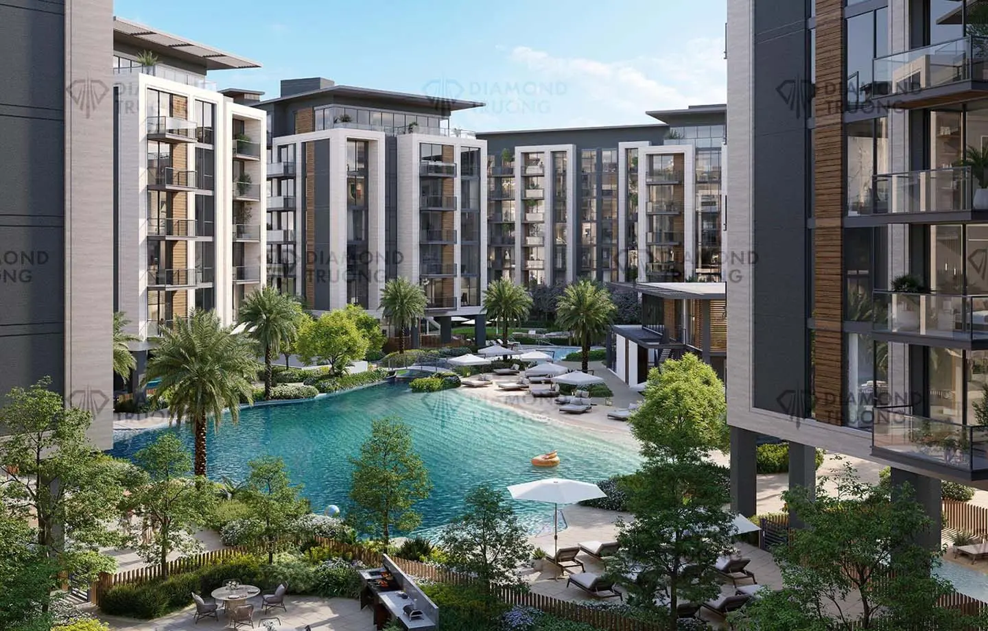 Ellington's render of Belgravia Gardens in Dubailand: a sand-edged pool between apartment blocks, with loungers and a barbecue counter