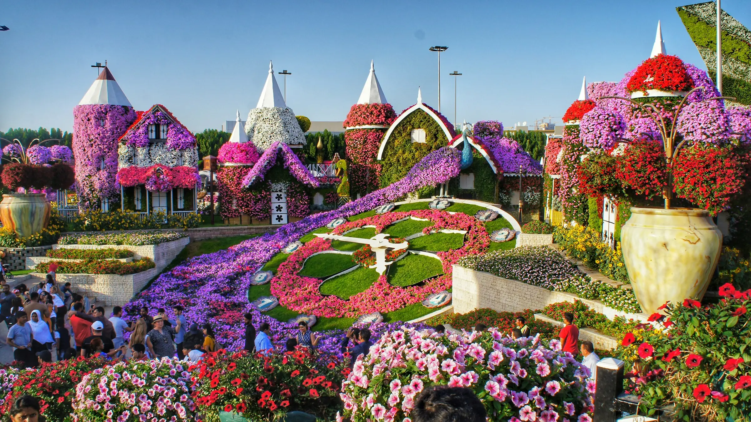 Flower beds, a floral clock and flower-covered houses at Dubai Miracle Garden