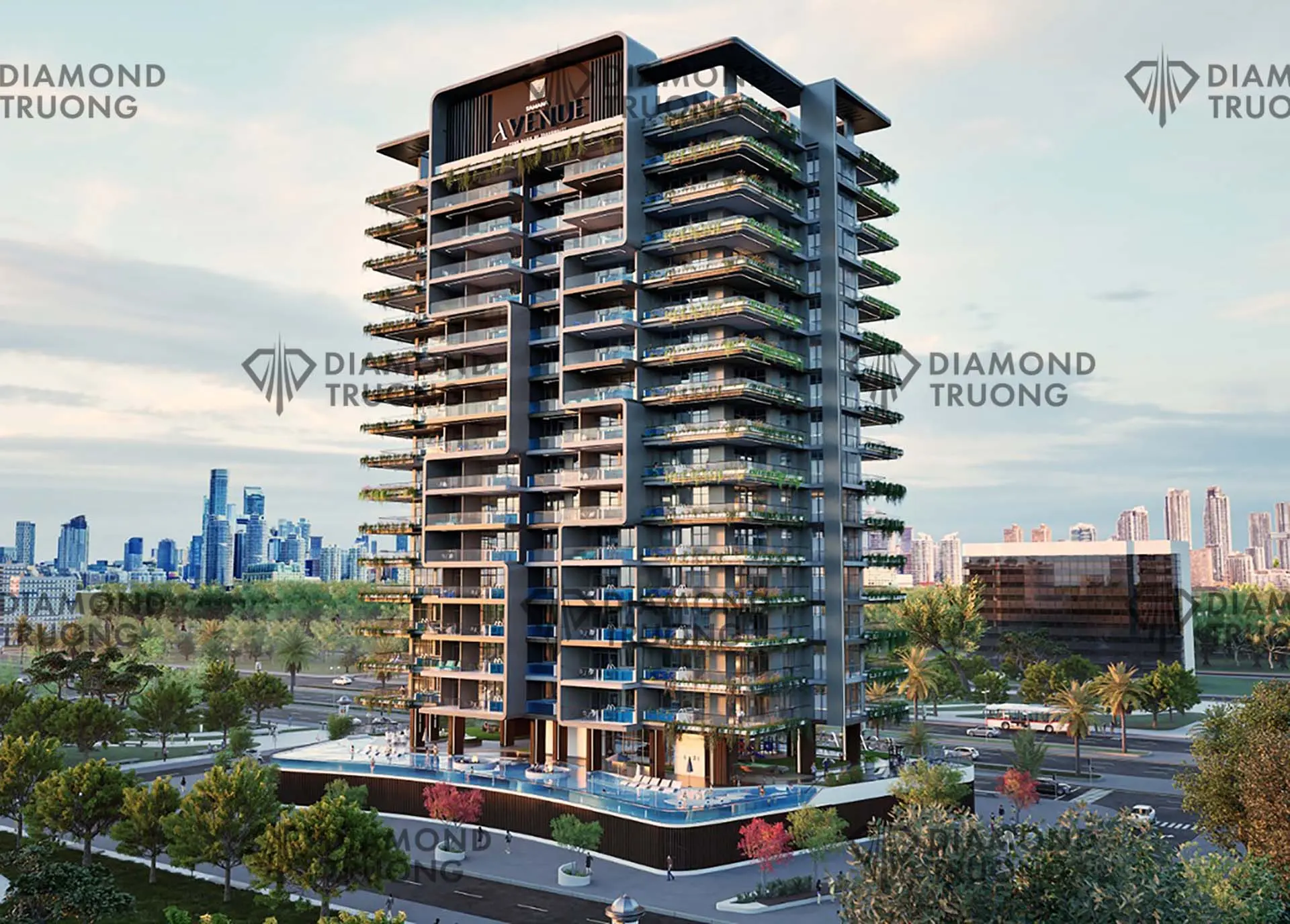 Samana's render of Samana Avenue: an apartment tower with planted balconies above a podium pool, a bus on the road below