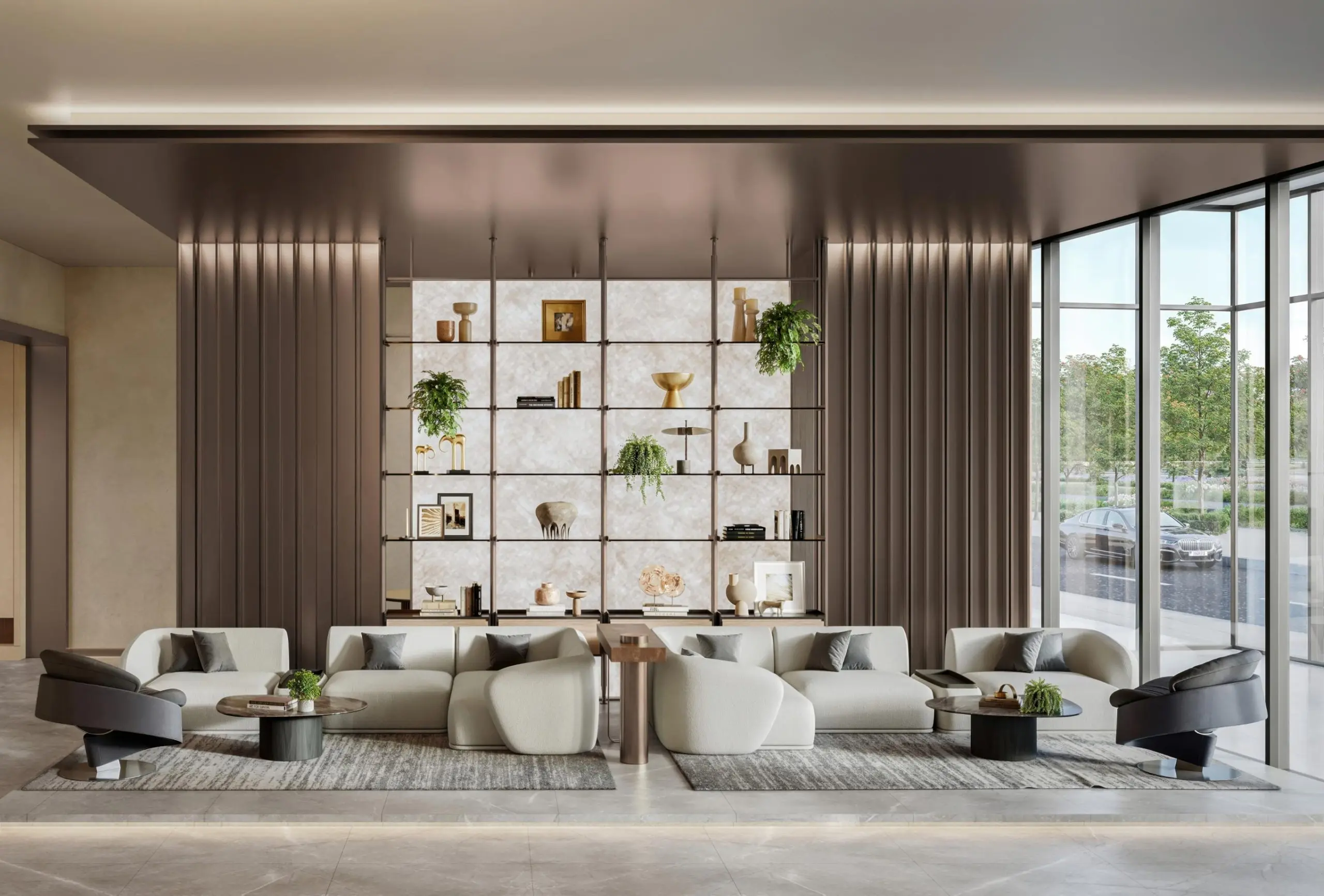 Render of the lobby lounge: curved sofas before lit shelving, between timber-ribbed walls and full-height glass onto trees