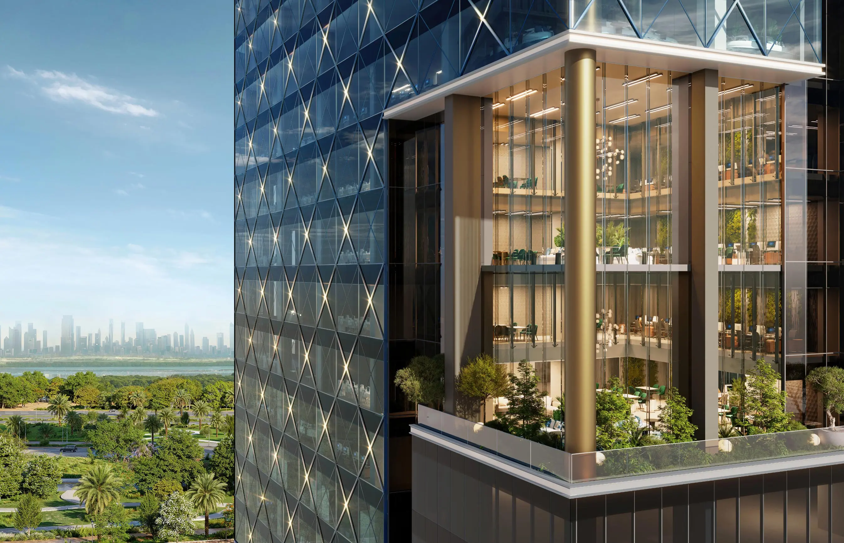 Render of a corner of the glass tower opened up into planted, glass-walled terraces over several floors, the city skyline behind
