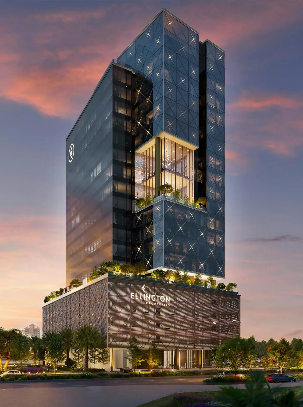 Render of Eaton Square at dusk: a diamond-patterned glass tower with a lit cut-out, above a podium bearing the Ellington name