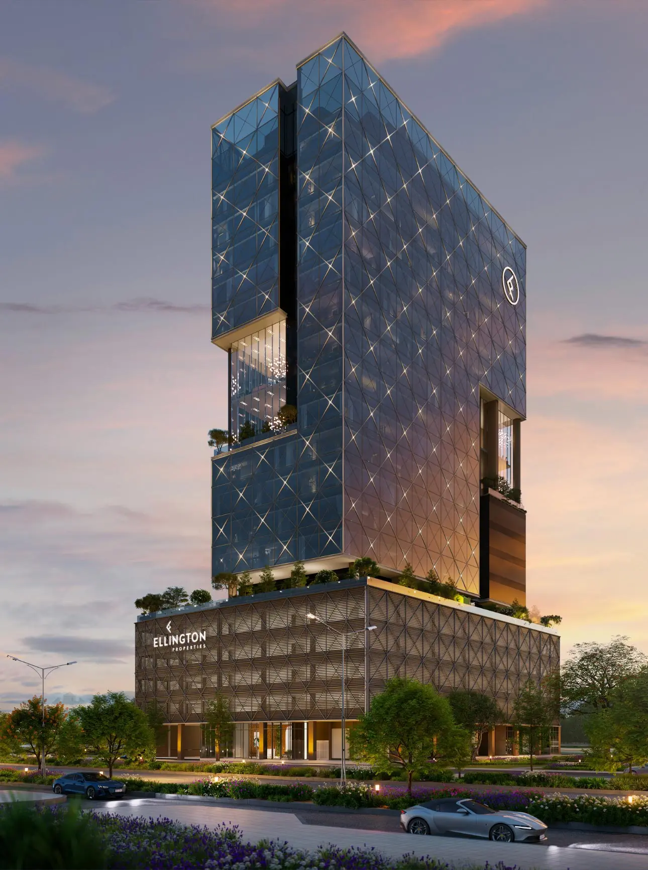 Render of the tower from another corner at dusk, with stepped glazed recesses and cars on the road in front