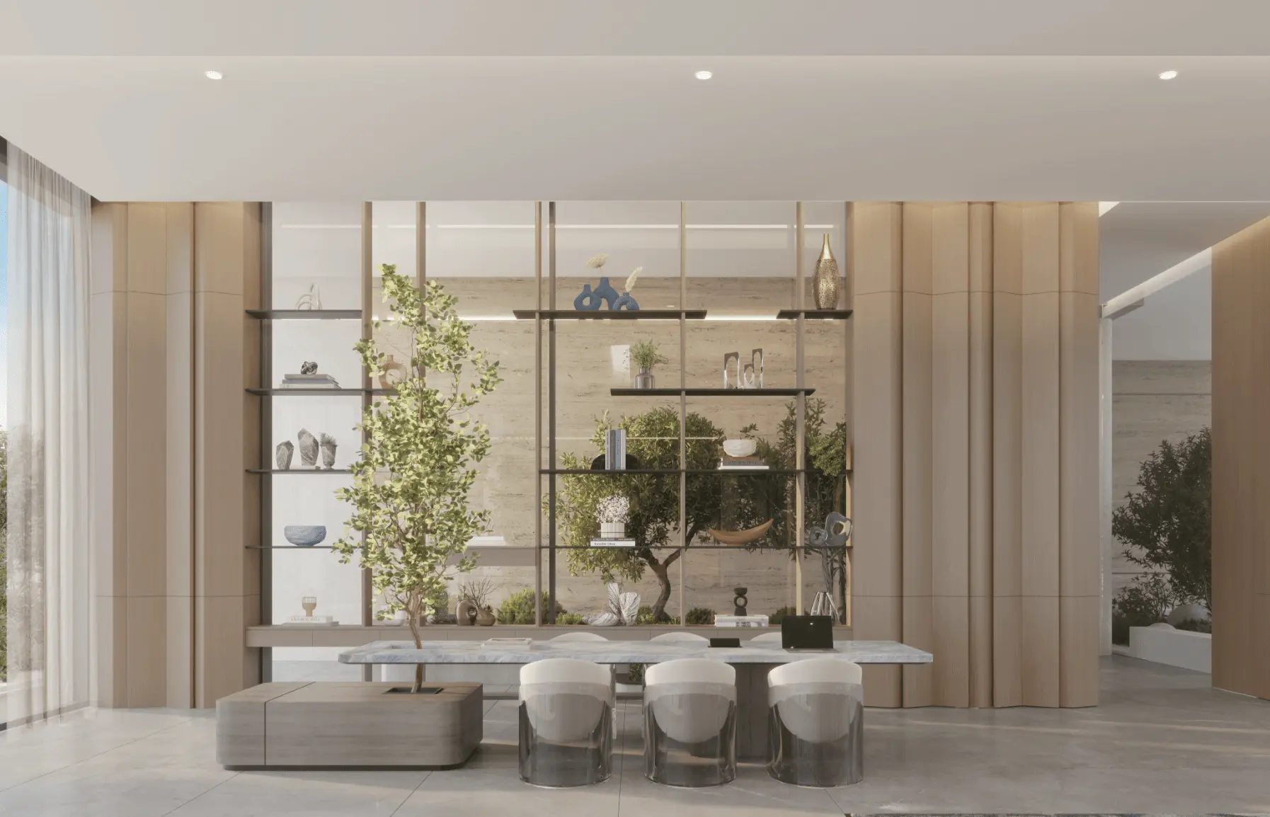 Dining table in front of open shelving with plants, timber panelling either side