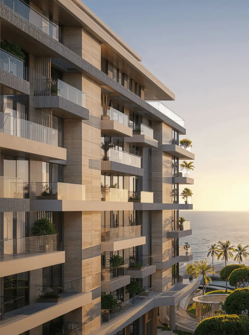 Stepped façade with timber-toned balconies and planters, the sea beyond at sunset