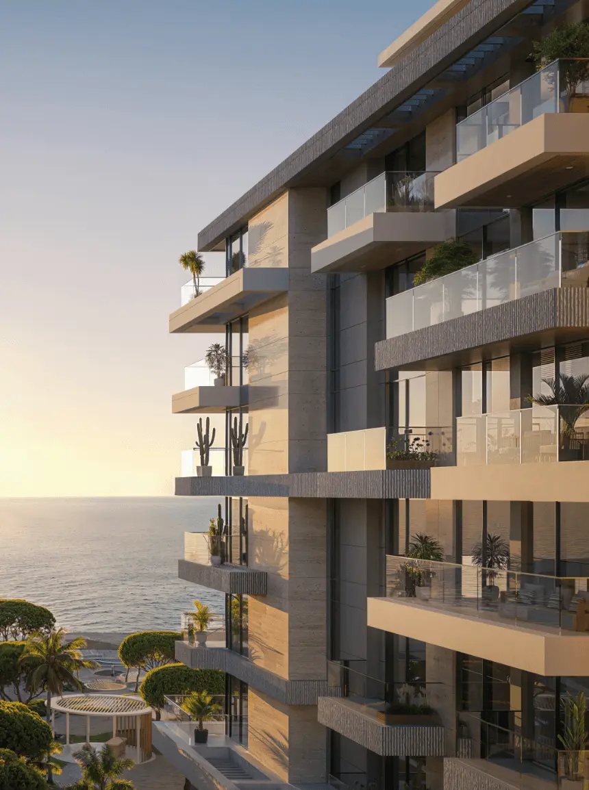 Corner of a building with glass-fronted balconies over palm gardens and the sea