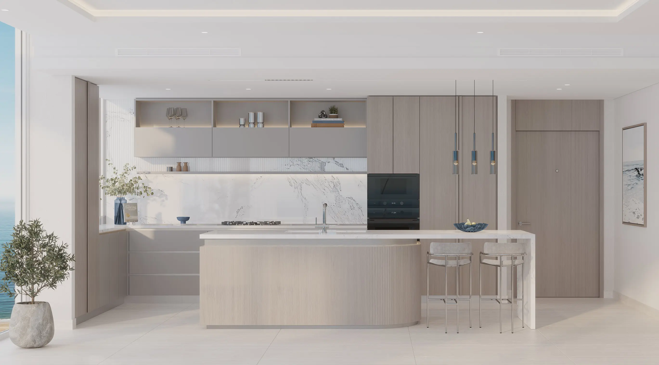 Kitchen with a long island, bar stools and a stone splashback