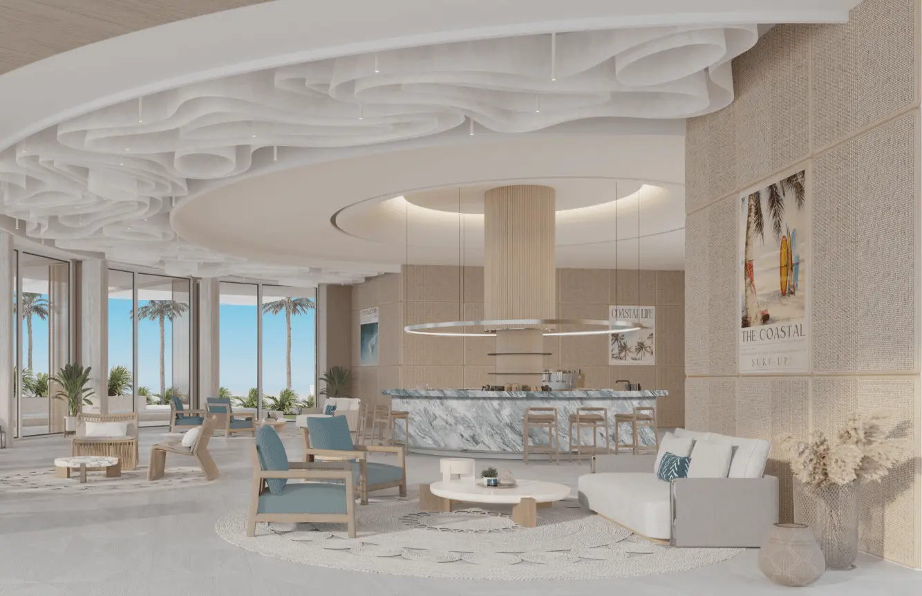 Residents' lounge with a sculpted ceiling, a marble bar and armchairs by the windows
