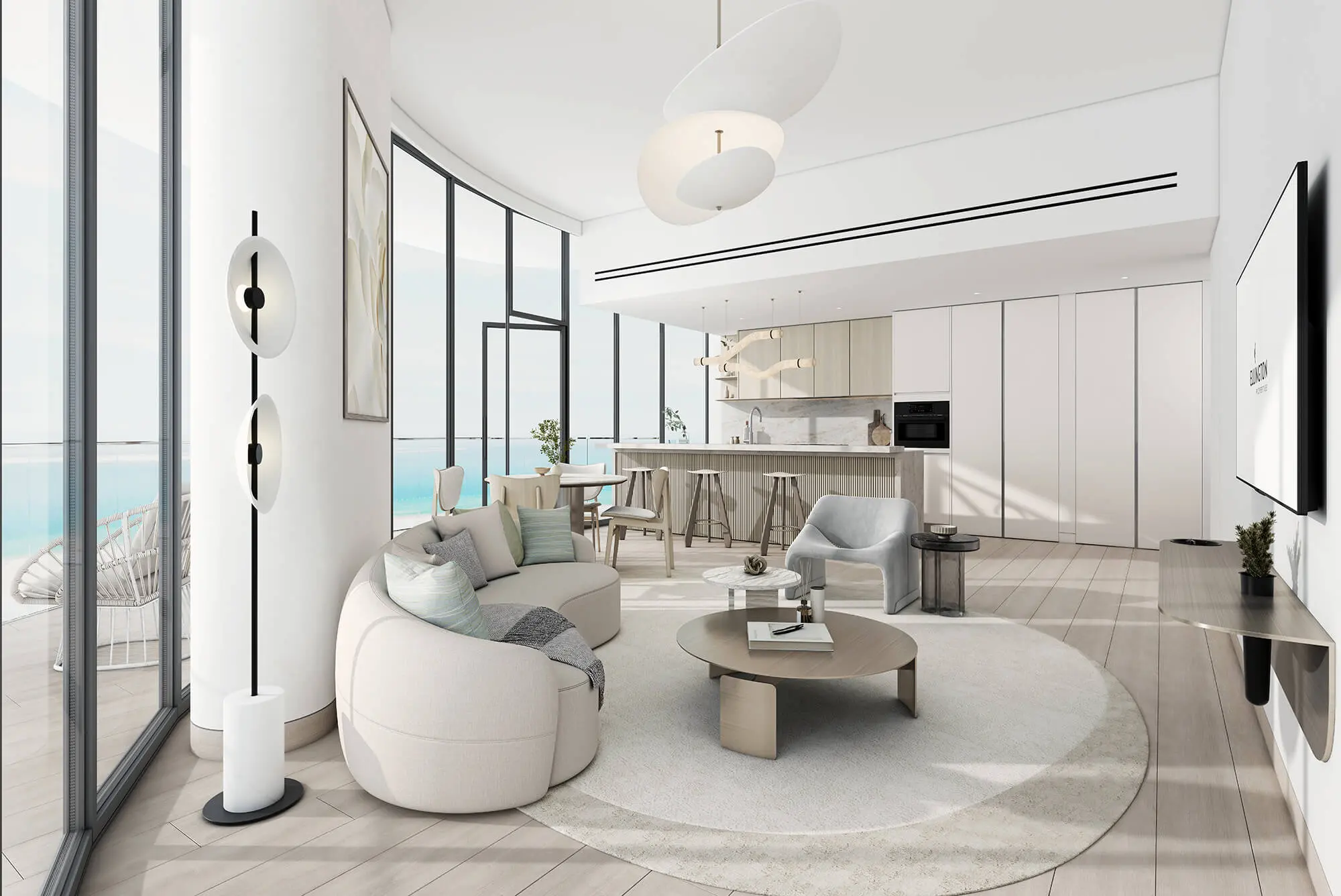 Render of an open-plan living room with a curved sofa, an island kitchen and curved full-height glass onto a sea-view balcony