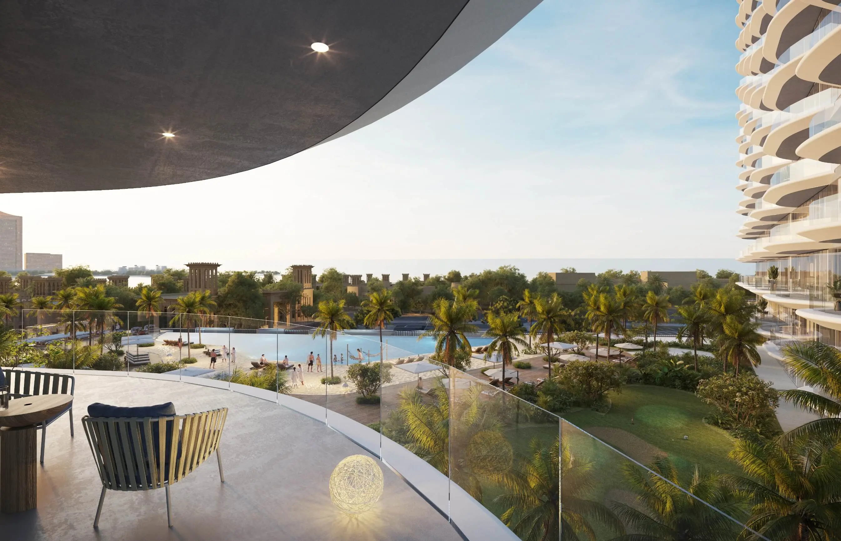 Render from a curved balcony over a large pool among palms, with low Arabian-style buildings and the sea beyond