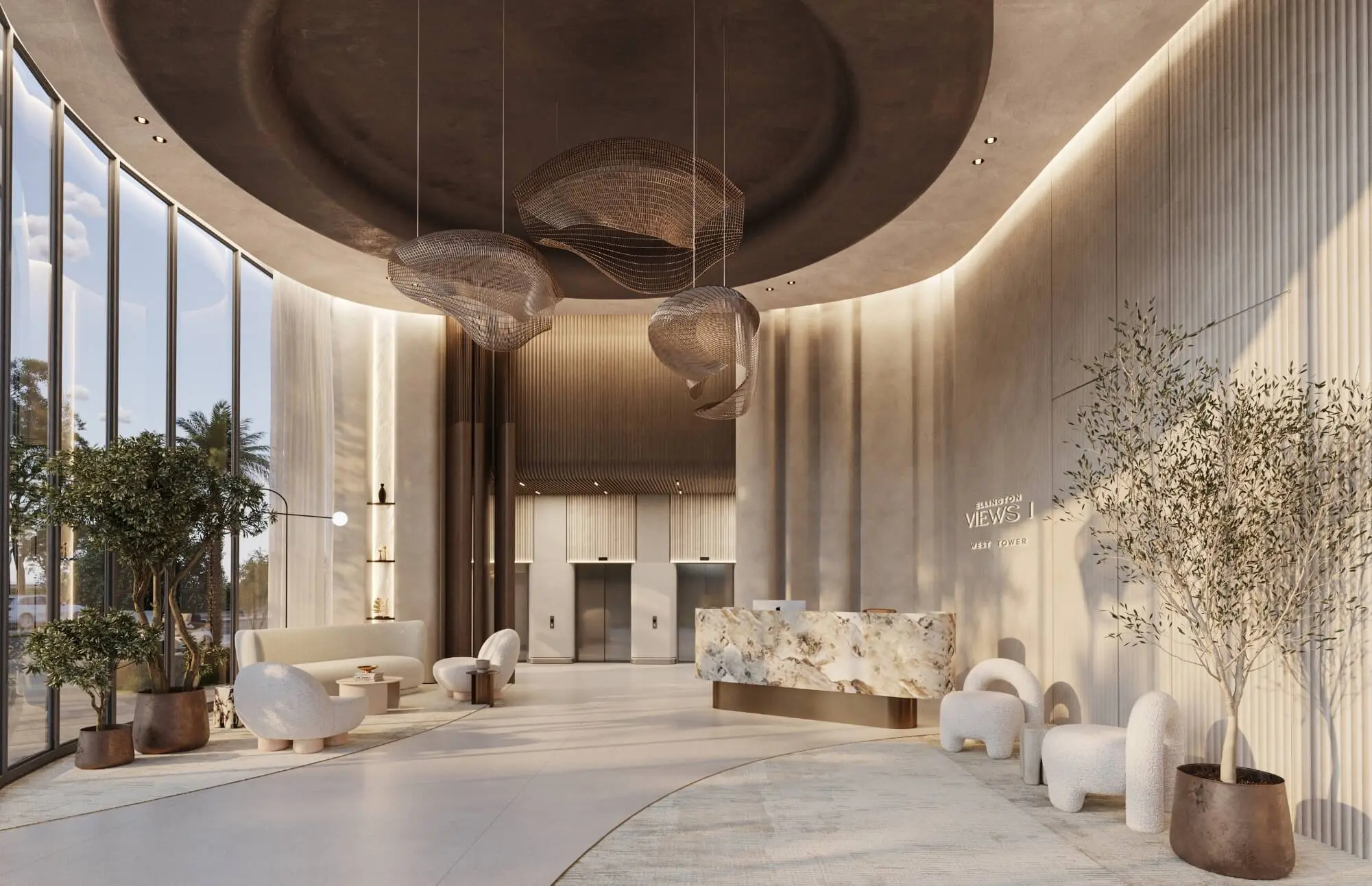 Render of a double-height lobby with a marble reception desk, woven pendant lights and an Ellington Views I West Tower sign