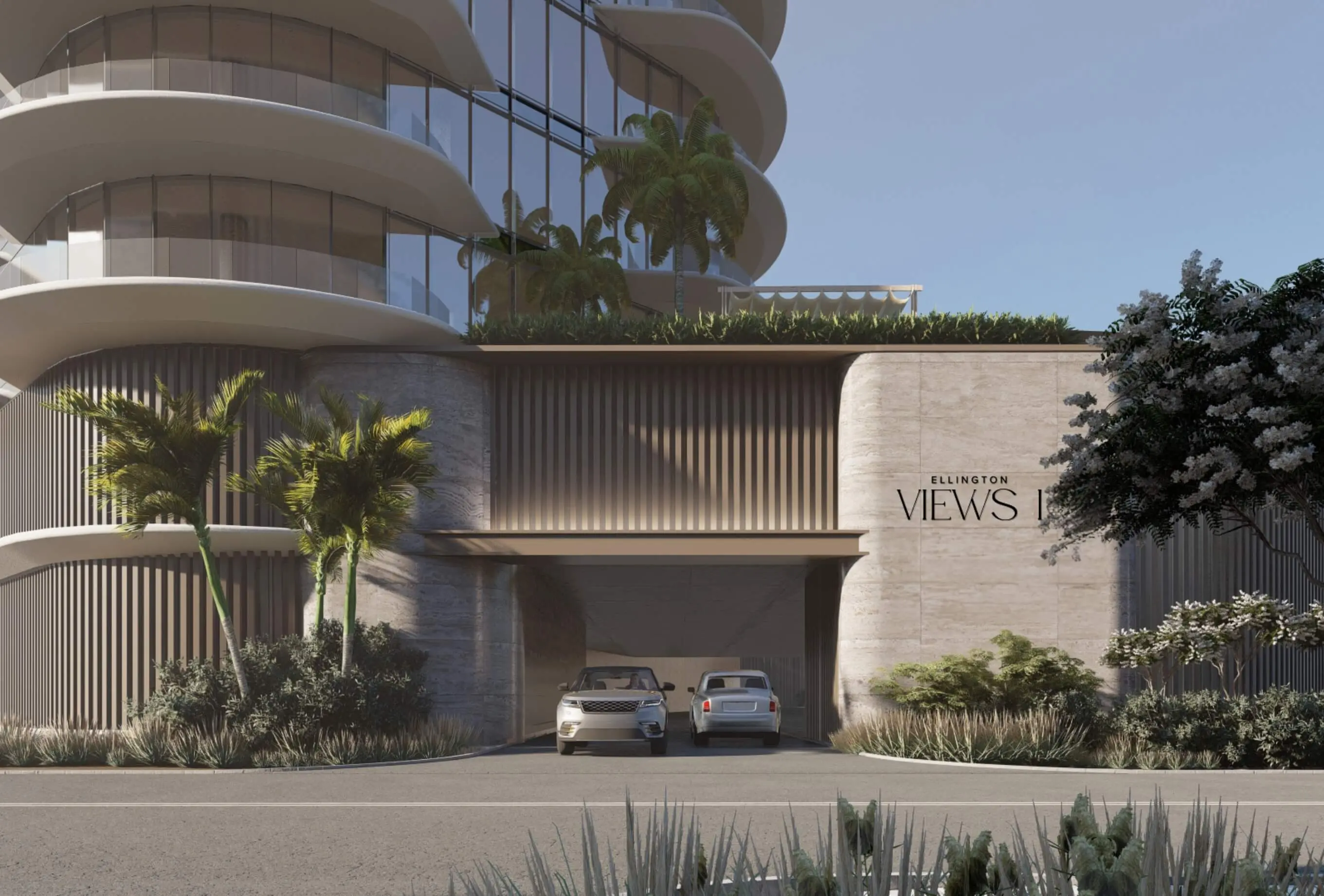 Render of the drop-off below a tower with curved balconies: two cars under a slatted canopy beside an Ellington Views I sign