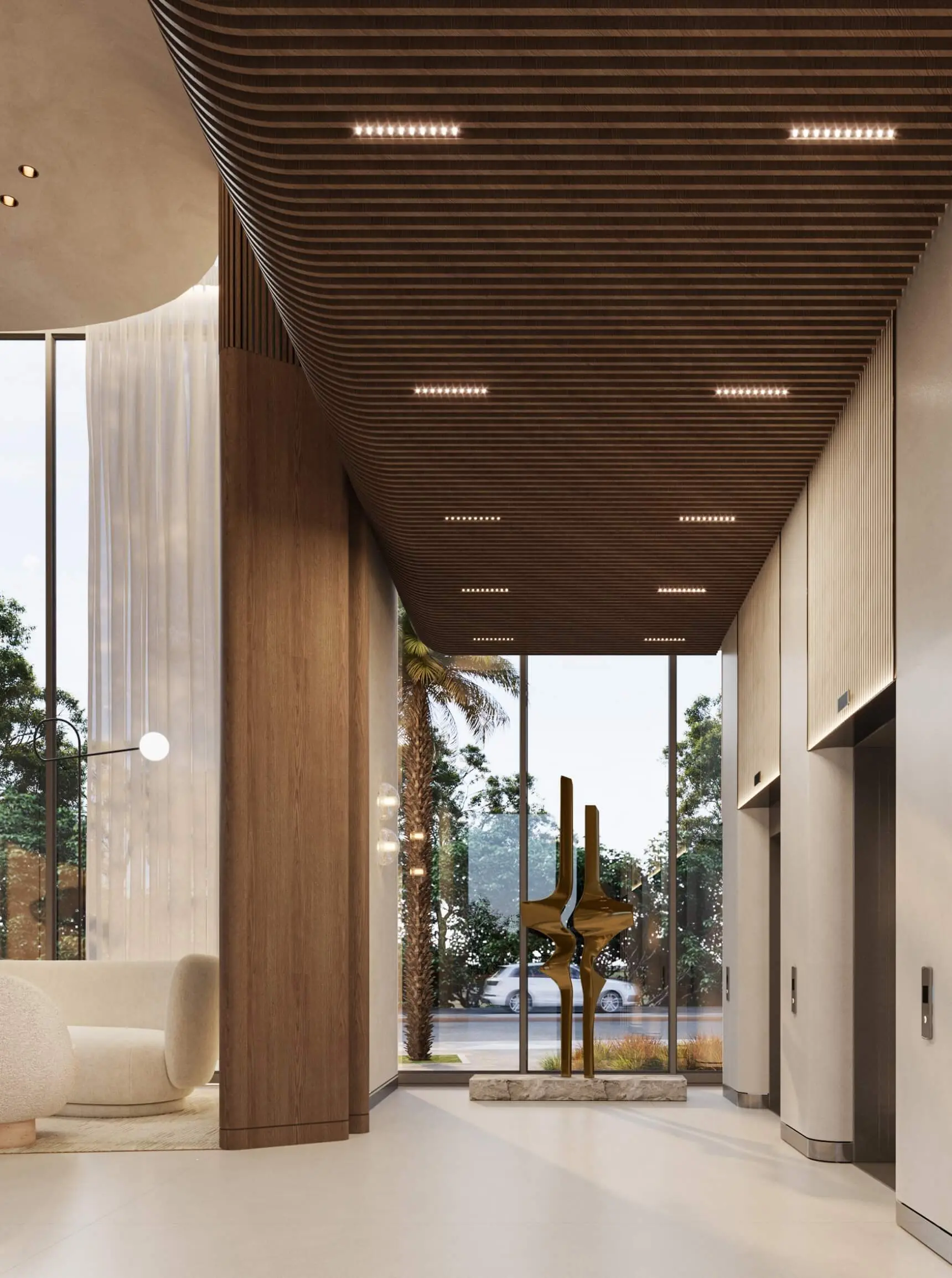 Render of a lift lobby with a slatted timber ceiling, a bronze sculpture and full-height glass onto palms