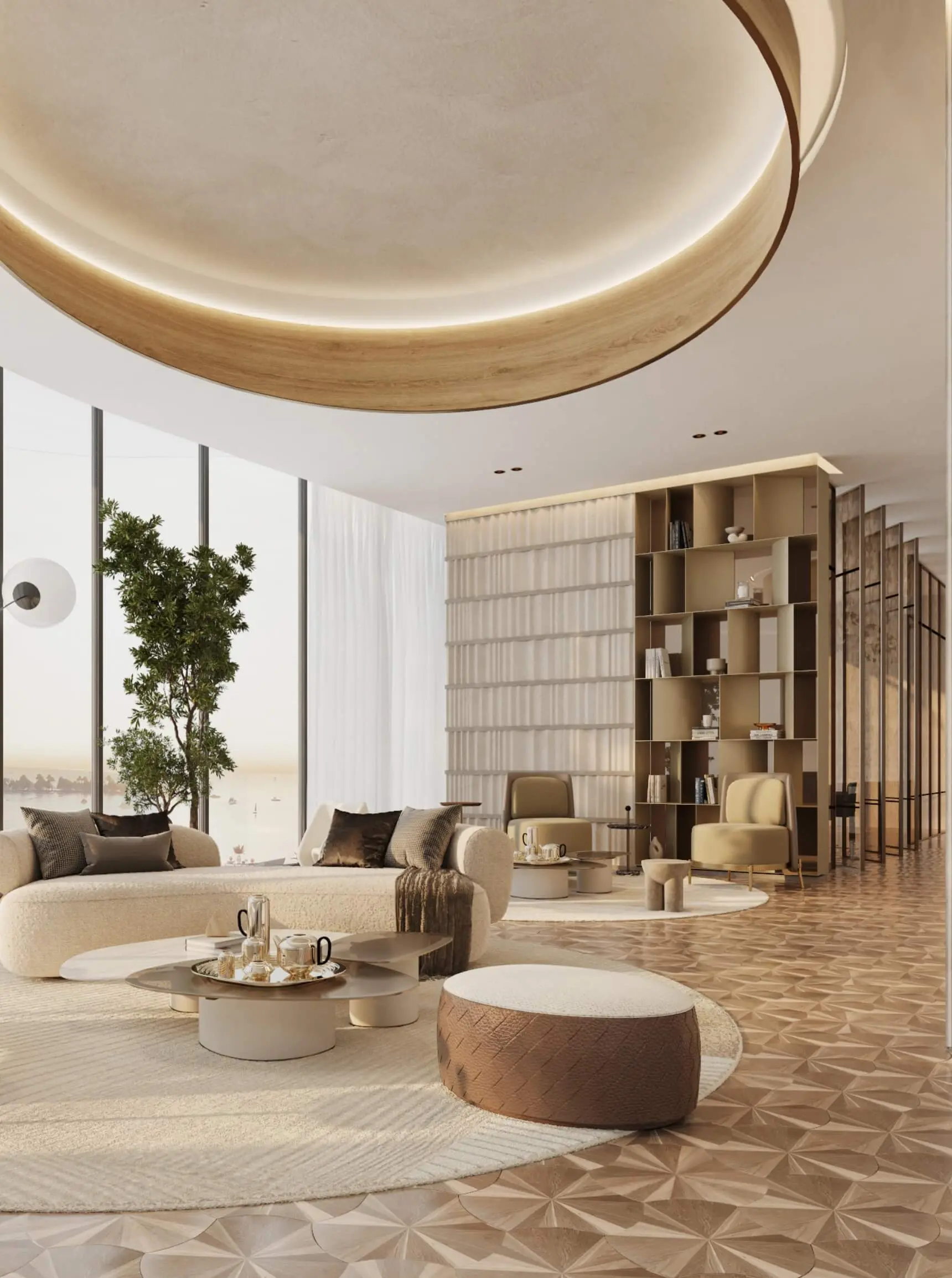 Render of a lounge with a curved sofa, open bookshelves and a timber star-pattern floor beneath a round lit ceiling