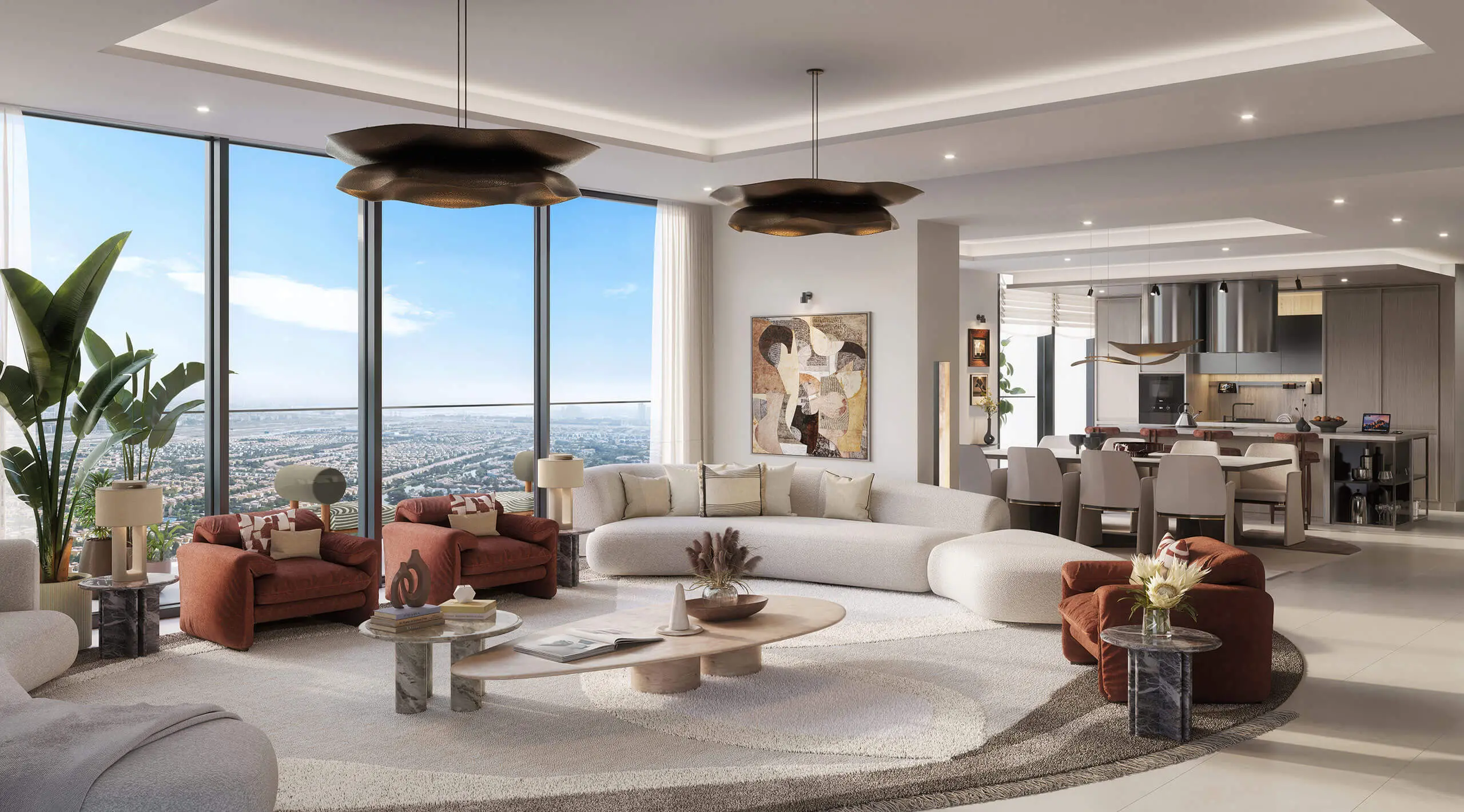 Render of an open-plan living room with a curved sofa, rust armchairs and floor-to-ceiling windows over villa clusters, the kitchen behind
