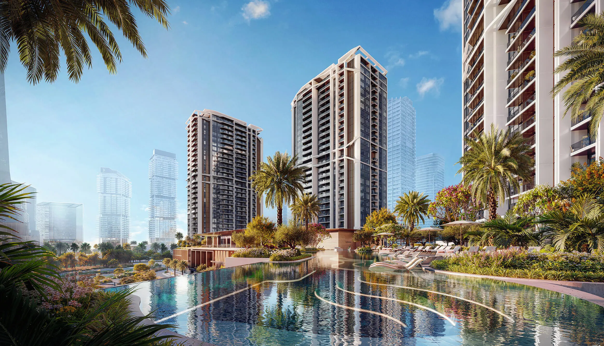 Render of a lagoon-style pool with in-water loungers, Eltiera Views towers behind the palms and JLT's glass towers in the distance