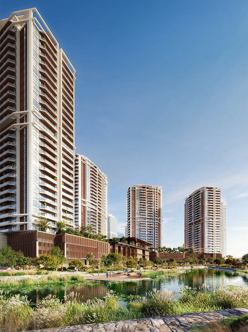 Render of four Eltiera Views towers above a low timber-clad podium, seen across a reed-edged lake