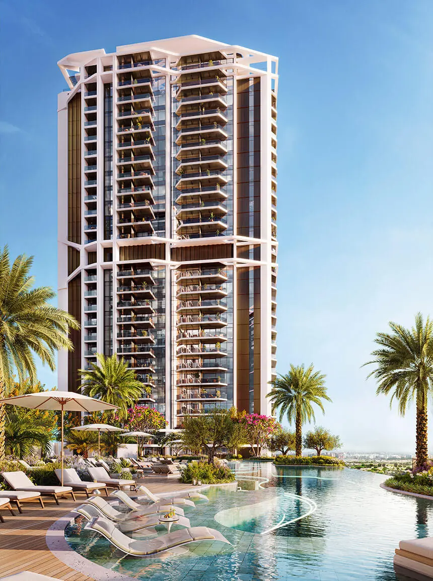 Render of one Eltiera Views tower with white frames and timber fins, above a pool deck with loungers and palms