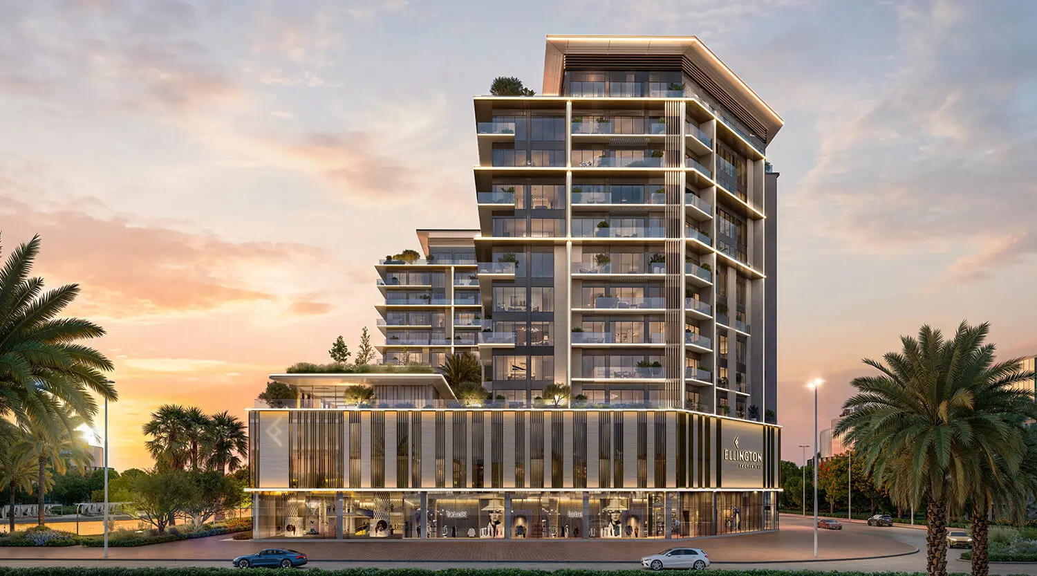 Render of Everly Place from the road at sunset, with terraced upper floors and shopfronts at street level