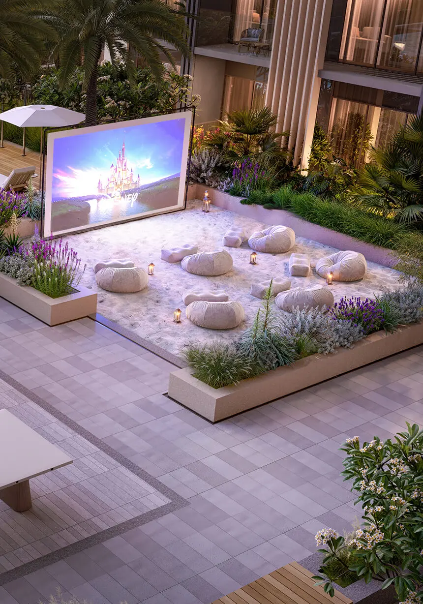 Render of an outdoor cinema on the podium: a screen above white gravel and beanbag seats, framed by planting
