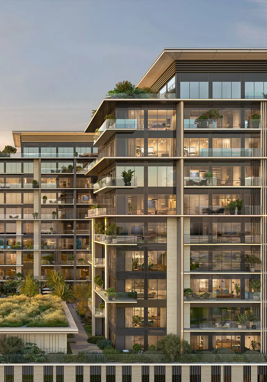 Render of the upper floors: glass balconies, vertical fins and planted terraces stepping back