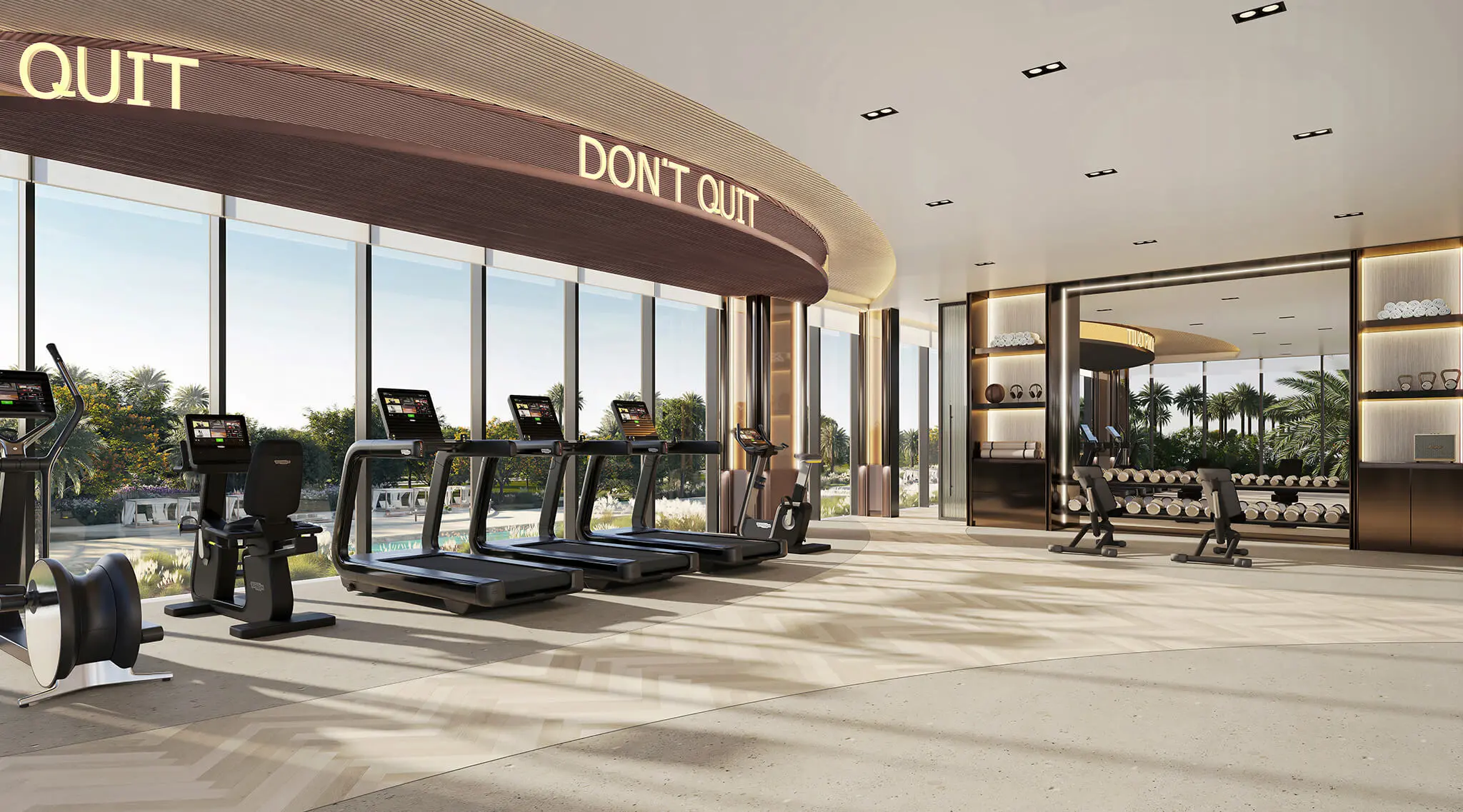 Render of the fitness studio: treadmills and weights along a curved glass wall onto the pool deck