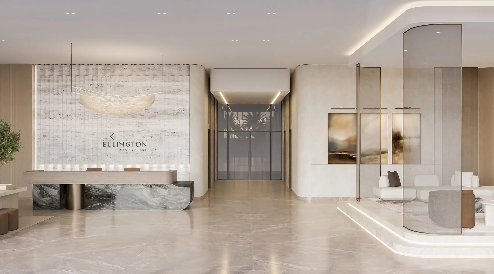 Render of the lobby: a marble reception desk under the Ellington name, a lounge to one side and the lifts beyond