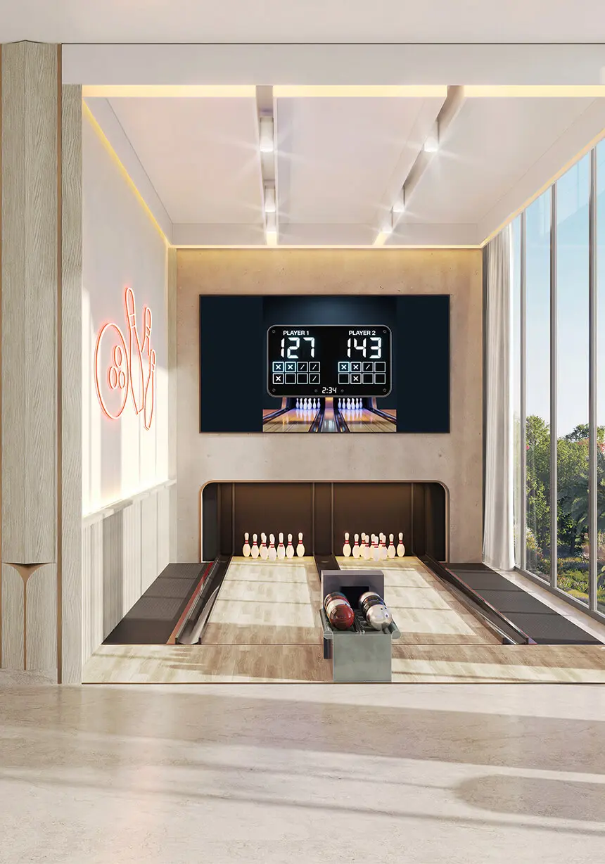 Render of a two-lane bowling alley with a scoreboard screen and tall windows onto trees