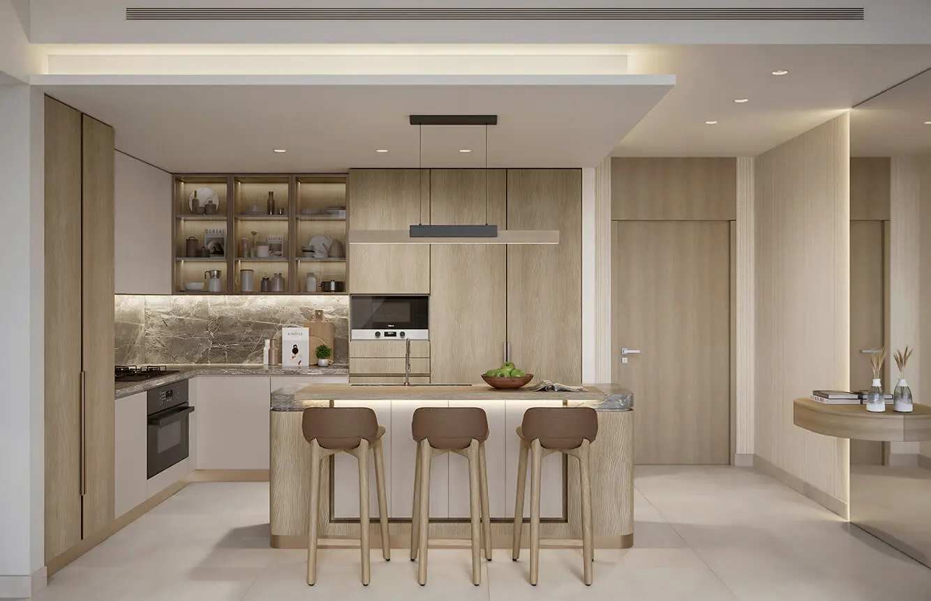 Render of a kitchen with timber cabinets, a stone splashback and an island with three bar stools
